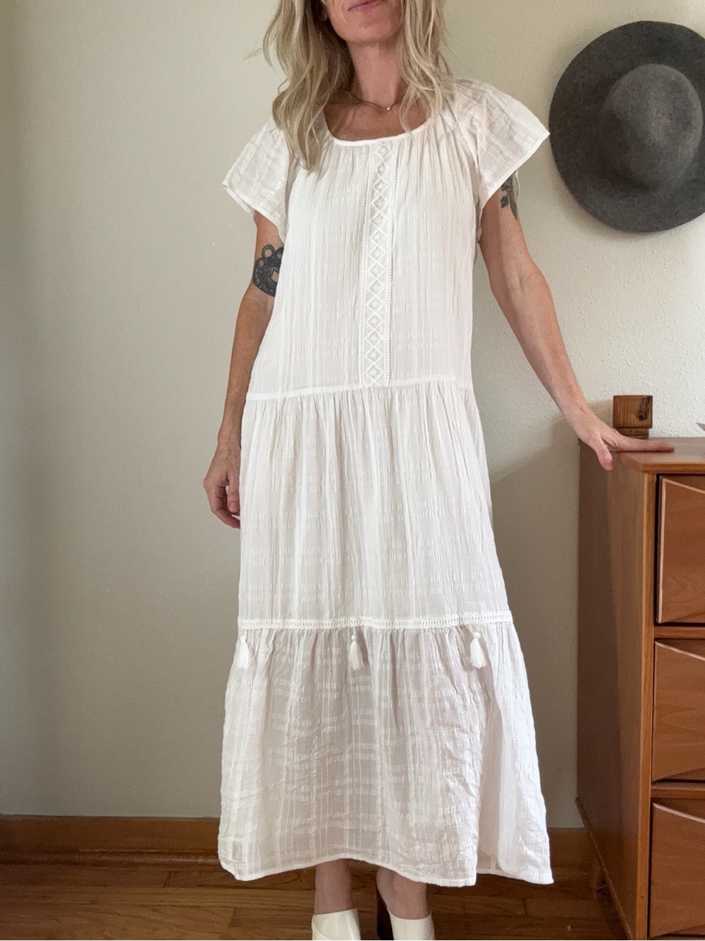 Kate & Sam White Tiered Maxi Dress S Boho Cottage Drop Waist Cotton Gauze Tassel